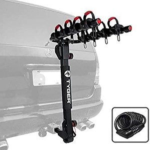 lot 50661 image: Tyger Auto TG-RK4B102B Deluxe 4-Bike Carrier Rack Compatible with Both 1-14 and 2 Hitch Receiver  with Hitch Pin Lock & Cable Lock  Soft Cushion Protector