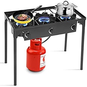 lot 50670 image: VIVOHOME Outdoor Burner Stove on Stand, Heavy Duty Propane Cooker with Detachable Legs for Camping Cookout . missing knobs