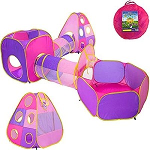 lot 50683 image: Playz 5pc Childrens Playhouse Popup Tents, Tunnels, And Basketball Hoop