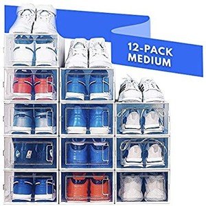 lot 50688 image: Stackable Shoe Storage, Shoe Rack for Entryway - Clear Plastic Shoe Boxes, Sneaker Shoe Container, Shoe Rack for Closet, Under Bed Shoe Storage (12-pack