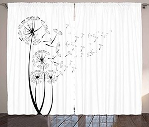 lot 50691 image: Ambesonne Dandelion Curtains, Monochrome Dandelions Blowing in The Wind Fluffy Flower Romance Theme, Living Room Bedroom Window Drapes 2 Panel Set, 108 X 84, Black and White