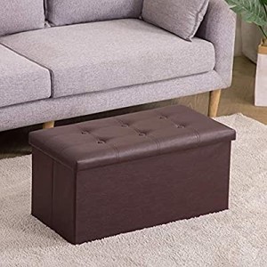 lot 50711 image: YOUDESURE Folding Storage Ottoman Bench, Faux Leather Footrest for Living Room, End of Bed Bench with Padded Seat, Holds up to 350lbs, Brown