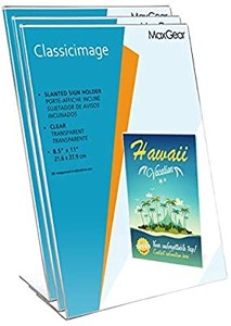 lot 50713 image: Acrylic Sign Holder, Clear Sign Holder Plastic Paper Holder Slant Back Sign Holders 8.5x11 inches Sign Holder Plastic Display Stand for Office, Store, 3 Pack
