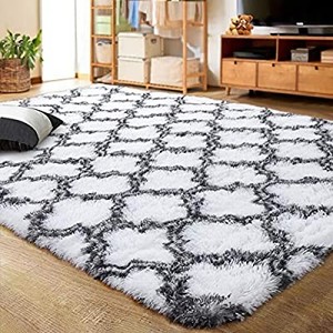 lot 50766 image: Luxury Velvet Shag Area Rug Modern Indoor Plush Fluffy Rugs, Extra Soft and Comfy Carpet, Geometric Moroccan Rugs for Bedroom Living Room Girls Kids Nursery, 5x8 Feet GreyWhite