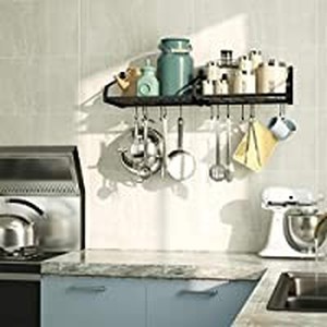 lot 50777 image: Pot Rack Wall Mounted Pan Pot Organizer Wall Shelves with 8 Hooks for Kitchen Cookware Utensils Organization Black