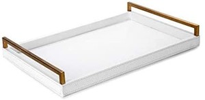 lot 50785 image: White Faux Crocodile Leather Decorative Tray with Brushed Ti- Gold Stainless Steel Handles (White and Gold
