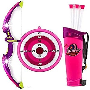 lot 50791 image: Toysery Bow and Arrow for Kids Set with LED Flashing Lights  Archery Set  Arrow Holder Target and Quiver Outdoor Toys  Pink Light Up Function  Hunting Series Toy for Boys and Girls  no target or bag. unsure if it lights up