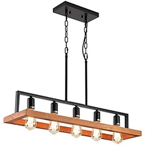 lot 50798 image: Fivess Lighting Farmhouse Wood Kitchen Island Lighting, Wood and Metal Linear Chandelier, 5 Lights Rustic Industrial Pendant Light Fixture for Kitchen Island Dining Room, Black