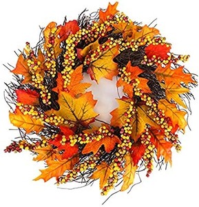 lot 50803 image: Fall Wreaths for Front Door, 17 Autumn Wreath with Maple Leaf and Berry, Harvest Wreath for Autumn, Halloween, Thanksgiving Day