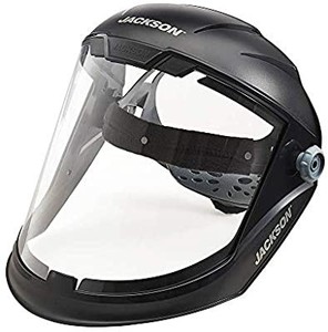 lot 50819 image: Jackson Safety MAXVIEW Face Shield, Ratcheting, Clear Tint, Anti-Fog, Black, 14201 (Remove Protective Film Before Use box rough