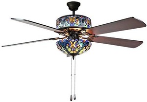 lot 50831 image: River of Goods Tiffany Style 52 Inch Width Stained Glass Halston LED Ceiling Fan, Blue
