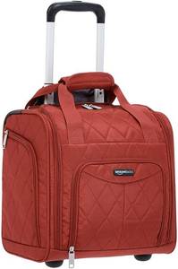 lot 50847 image: Amazon Basics Underseat Carry-On Rolling Travel Luggage Bag, 14 Inches, Red Quilted