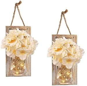 lot 50862 image: 2 Pack Mason Jar Sconces for Wall Decor with LED Fairy Lights, Decorative Chic Hanging House Decor Mason Jars, Silk Hydrangea, 6-Hour Timer, Home Decor