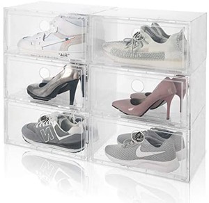 lot 50863 image: SEE SPRING Shoe Box Clear Plastic Stackable Shoe Storage Box Fit up to US Size 9 Large Size Shoe Organizer Pack of 12 (Wood Grain
