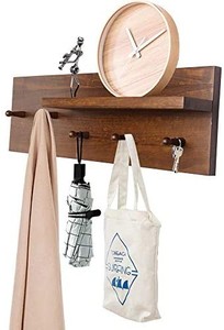 lot 50866 image: OROPY Entryway Coat Hooks with Storage Shelf 24in Length, Solid Wood Wall Mounted Clothes Rack with 5 Pegs and Display Shelf for Hallway, Bathroom, Living Room, Bedroom, Kitchen, Walnut Color