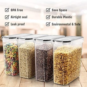 lot 50868 image: Food Storage Containers, Wildone Airtight Cereal Storage Containers for Sugar, Flour, Snack, Baking Supplies, Leak-proof with Black Locking Lids - Set of 4 (4L 135oz