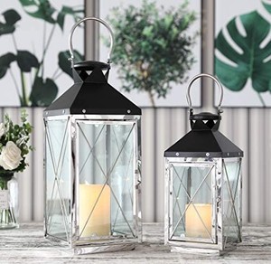 lot 37732 image: JHY DESIGN Set of 2 Stainless Steel Decorative Candle Lanterns 19&14 High Metal and wood Candle Lanterns for Indoor Outdoor Events Parities Weddings Vintage Style Lantern (wood  glass Body, silver Top)