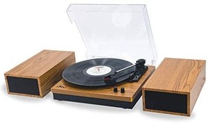 lot 37734 image: LP&No.1 Retro Belt-Drive Bluetooth Turntable with Separable Stereo Speakers,3 Speed Vinyl Record Player,Yellow Brown