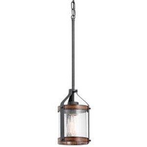 lot 22535 image: Kichler Barrington 5.5-in Distressed Black and Wood Rustic Mini Seeded Glass Cylinder Pendant