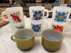 lot 19 image: (6) Fire King White Painted Mugs  Anchor Hocking Green Sugar & Creamer