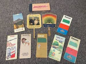 lot 21 image: (8) Road Maps KCMO & Misc  (2) Vintage Advertisement Paper Fans - Putnam Dye