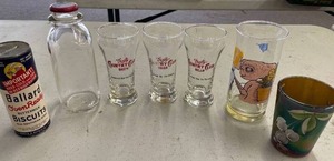lot 51 image: LOT Gottz Country Club Tumblers, E.T. (Movie) Glass, Ballard Biscuit Bank Tin, Milk Bottle, Carnival Glass Painted Tumbler