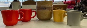 lot 53 image: Ceramic Tea Canister  2 Fiesta Mugs, 2 Red Mugs