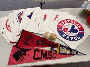 lot 56 image: Huge Lot of 21 Store Display Sport Team Name Cards  3 Team Pennant Flags & 2 Baseballs