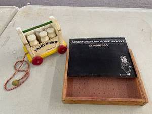 lot 81 image: Vintage Wood Dairy Wagon Playskool with Chalkboard