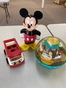 lot 109 image: Plastic Mickey, Roly Poly Chime Ball , Fisher Price Mini Bus