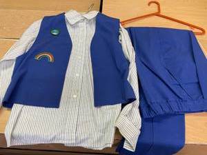 lot 154 image: Vintage Medium Blue Girl Scout Uniform Pants Vest (with MANY Patches) & Long Sleeve Shirt
