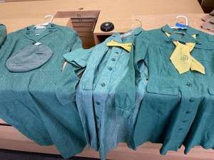 lot 156 image: (3) Green Girl Scout Uniform Dresses With Beret & Scarfs