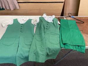 lot 147 image: Vintage 1970s -1980s Girl Scout Jumpers (2) & Green Pants (1)