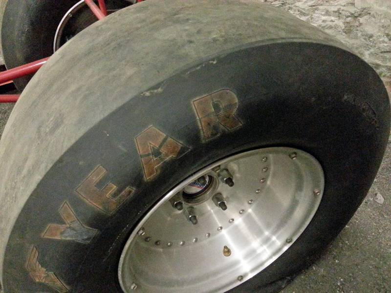 lot 1469 image: Pair of the 8 Centerline Auto Drag Wheels and Goodyear drag slicks.