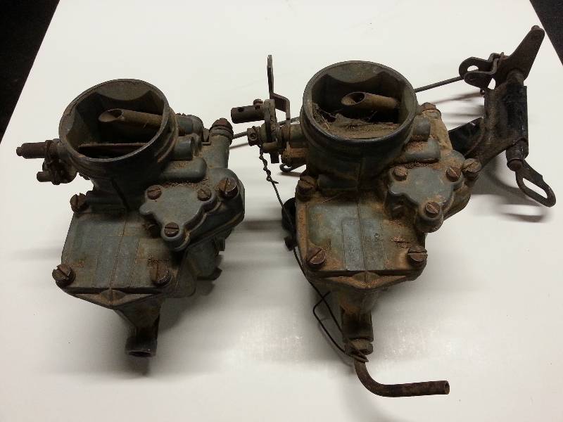 lot 1463 image: Pair (2) Zenith side draft carburetors with pieces of linkage and a few mud dobbers deposits.
