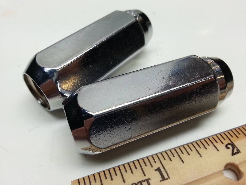 lot 1419 image: A pair (2) 14MM X 2.0 thread chrome Long Duplex conical seat custom wheel lug nuts