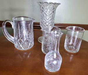 lot 3036 image: Lot of 5 Crystalware. Pitcher. Beakers. Vase