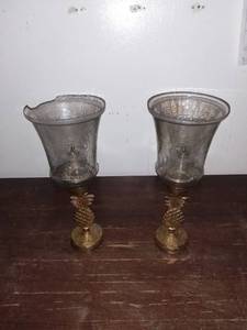 lot 2823 image: Lot of 2 Metal and Glass Oil Lamp - Stand Shaped like a Pineapple - One Glass Lamp Broken
