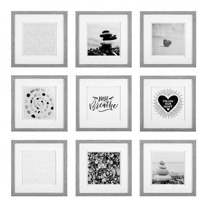 lot 3325 image: Set of 9 Piece Gray Square Photo Frames with Double White Mat Wall Gallery Kit. Includes Hanging Template, Art Prints and Hanging Hardware