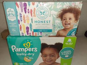 lot 3426 image: 2 Boxes of Disposable Diapers  Pampers Baby Dry - Size 6 (144ct) & Honest - Size 6 (88ct)