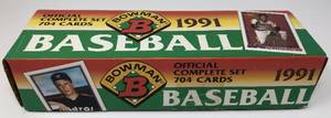 lot 1104 image: Complete 1991 Bowman Set - 704 Baseball Cards - With Mint Chipper Jones Rookie Card