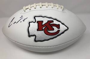 lot 1012 image: Signed Charcandrick West Kansas City Chiefs Logo Football With  CJ Sports Authentication with Go Chiefs Inscription