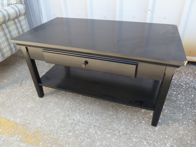 lot 403 image: BLACK COFFEE TABLE WITH DRAWER...has a few knicks out on corners