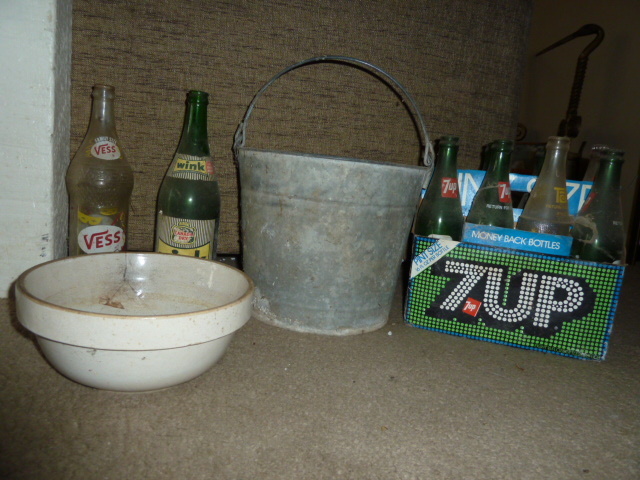 lot 285 image: VINTAGE POTTERY, METAL BUCKET, OLD BOTTLES