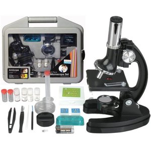 lot 19462 image: AmScope 120X-1200X 52-pcs Kids Beginner Microscope STEM Kit with Metal Body Microscope, Plastic Slides, LED Light and Carrying Box (M30-ABS-KT51),Black