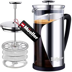 lot 19465 image: Mueller French Press Coffee, 20% Heavier Duty Stainless Steel Frame & Trumax Borosilicate Glass Coffee Press with 4 Level Filtration System, Easy Clean, 34oz-8 cups
