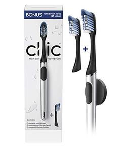 lot 19474 image: Oral-B Clic Manual Toothbrush, Chrome Black, with 1 Bonus Replacement Brush Head and Magnetic Toothbrush Holder