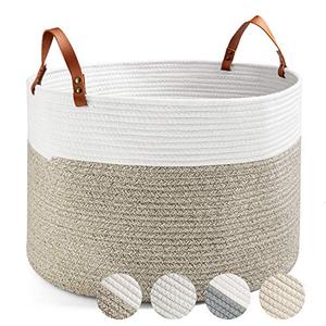 lot 52808 image: Cotton Storage Basket BIMNOOT Woven Laundry Basket Decorative Baby Nursery Hamper with Handle Kids Storage Bin for Organizer Pieces at Home or Office (13.4x8.7x4.8,BrownOff-White)