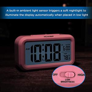 lot 52855 image: PEAKEEP Smart Night Light Digital Alarm Clock with Indoor Temperature, Battery Operated Desk Small Clock (Pink)