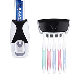 lot 52860 image: Wikor Toothbrush Holder Toothpaste Dispenser Set Dustproof with Super Sticky Pad Wall Mounted Kids Hands Free Toothpaste Squeezer for Family Washroom bathroom